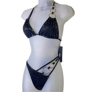New Fashion Nova Medium Black Gold O Ring Micro Bikini Galaxy Strappy Cut Out
